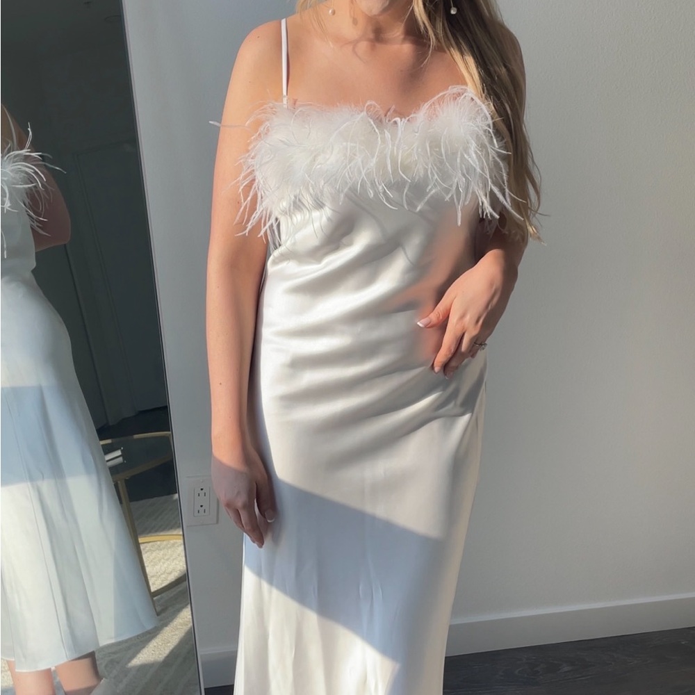 White silk feather trim dress